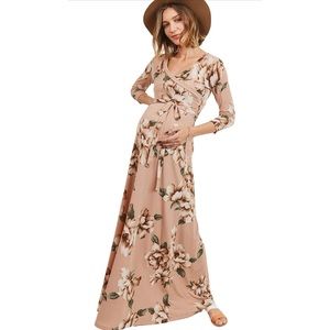 Faux Wrap Maxi Floral Blush/Taupe Maternity Dress with Belt - Made in USA - XL